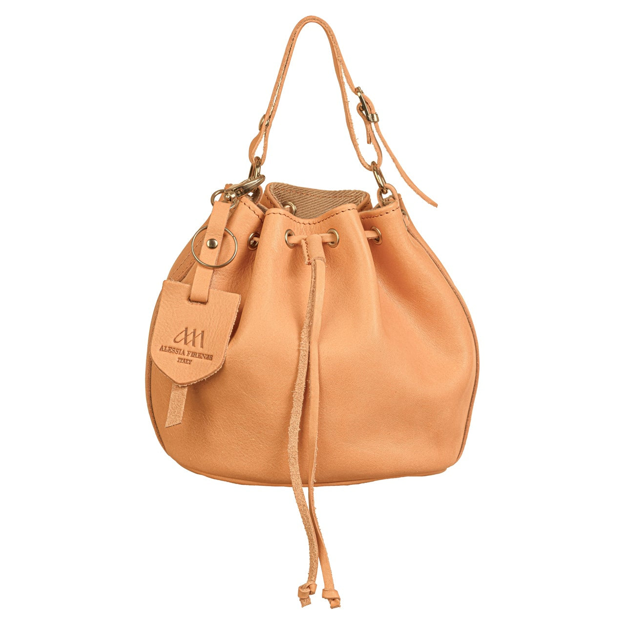 Handmade drawstring bucket bag in vegetable tanned leather by Alessia Firenze