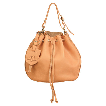 Handmade drawstring bucket bag in vegetable tanned leather by Alessia Firenze